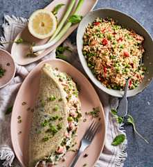 Bulgur com legumes e omelete com salmão fumado