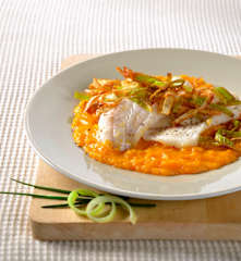 Filetti di cernia su crema di zucca e porri fritti