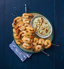 Smoked prawn kebabs with avocado whip