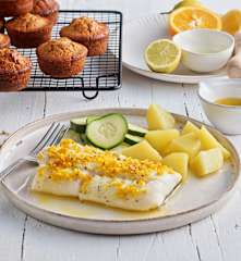 Menü: Kabeljau mit Zitrusbutter und Kartoffeln und Schokoladen-Muffins