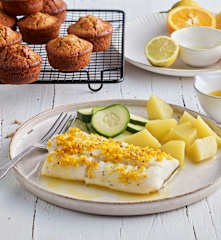 Menú: Bacalao con mantequilla de cítricos. Muffins con chips de chocolate