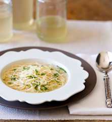 Traditional chicken broth with angel hair pasta