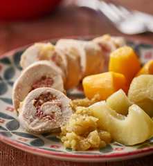 Chicken Involtini with Apples, Sweet Potatoes and Curry Sauce