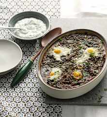 Baked Eggs in Tomato and Lentils with Goat’s Cheese Sauce
