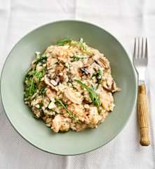 Risoto de camarão, rúcula e cogumelos