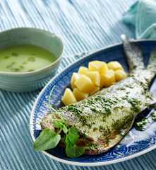 Cream of lettuce soup, sea bass with potatoes and watercress sauce