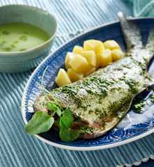 Menü: Salat-Cremesuppe, Seebarsch an einer Brunnenkresse-Sauce und Kartoffeln