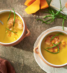 Crema de calabaza y langostinos