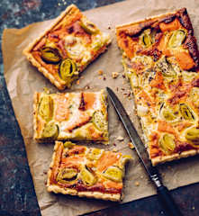 Quiche poireau-saumon, pâte aux graines de lin