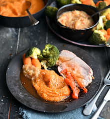 Roast Pork with Chutney, Vegetables, Mashed Sweet Potatoes and Sweet Wine Sauce