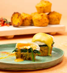 Eggs Benedict and corn muffins