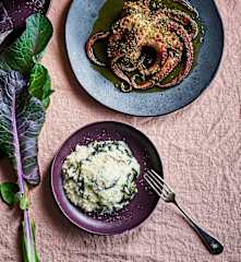 Polvo no forno com risoto de grelos