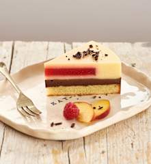 Bavarois chocolat-framboise et mousse de pêche