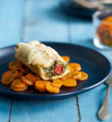 Lombos de red fish e linguiça com cenoura à algarvia