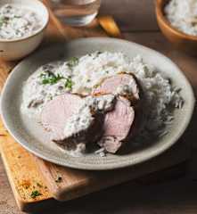 Baked Pork Loin with Creamy Mushroom Sauce and Rice