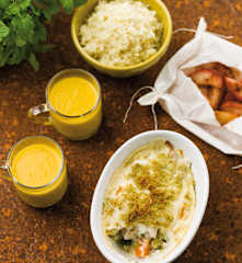 Gratinado de frango, Creme de legumes e Papelotes de fruta