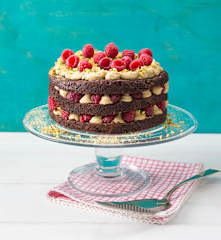Vegan chocolate, raspberry and pistachio layer cake