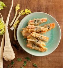 Tempura de coco e legumes da primavera