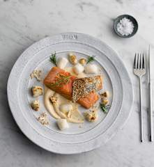 Confit salmon, Parmesan gnocchi with cauliflower cream
