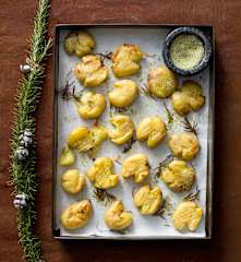 Smashed roasted potatoes with rosemary salt