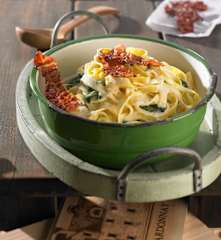 Spinat-Rahm-Nudeln (wahlweise mit krossem Speck)