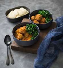 Kangaroo harissa polpette with lentils and kale