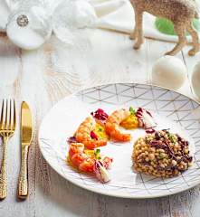 Timballini di orzo al radicchio con gamberoni e verdure (Bimby Friend)