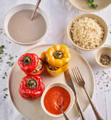 Creamy Mushroom Soup; Stuffed Peppers with Rice and Tomato Sauce