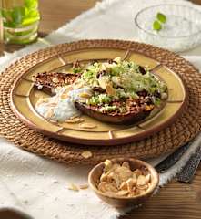 Ofenmelanzani mit Chermoula, Zitronenbulgur und Minzjoghurt