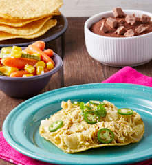 Tinga de pollo en salsa verde, verduras y bizcocho de chocolate al vapor TM6