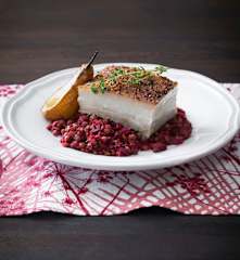 Twice-cooked pork belly with lentils