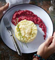 Risotto au poireau et mousse de betterave au chèvre