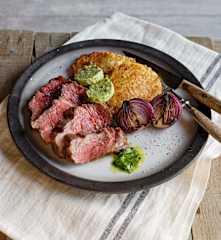 Steaks mit Würzbutter, Erdäpfelrösti und Zwiebeln