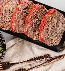 Cheesy Stuffed Meatloaf with Broccolini and Eggplant