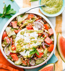 Salade de pastèque, burrata et pesto de menthe