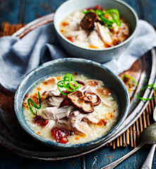 Easy chicken congee with Chinese sausage and mushrooms