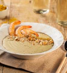 Vellutata di patate, cannellini, curry e mazzancolle (senza glutine)