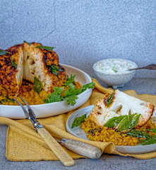 Tandoori Cauliflower with red lentil dahl and raita