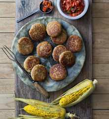 Ricotta patties with chilli lime corn