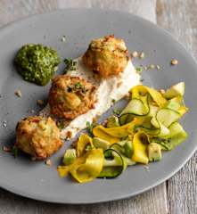 Courgette and Avocado Beignets with Feta Cream, Coriander Chilli Pesto and Salad
