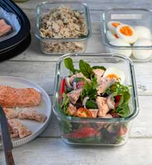 Prep-ahead layered chicken, eggs and salmon