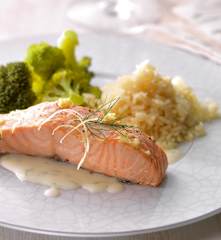 Salmon with Broccoli, Rice and Dill Sauce
