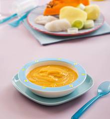 Puré de calabaza, patata y puerro con merluza