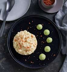 Minirisottos safran et bacon, mousse de courgette