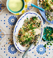 Fish with herb tahini sauce & quinoa cauli tabbouleh