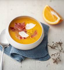 Velouté de butternut, bacon et comté