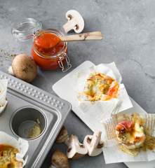 Muffins de beicon y portobellos a la pizzaiola