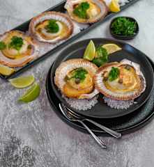 Baked half shell scallops with white miso, pickled ginger & chive butter (Paul Foreman)