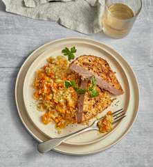 Panierter Fleischkäse mit Rüebli-Risotto