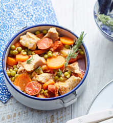 Sauté de veau carottes, chorizo et petits pois